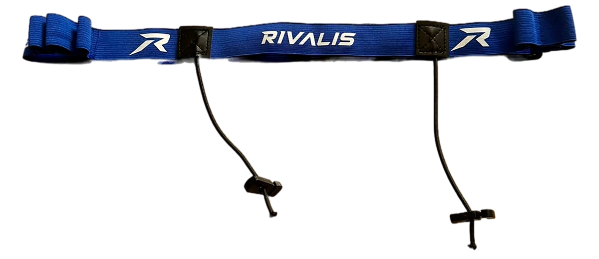 Cinturón porta número Rivalis azul con logotipo blanco, broche y cordones elásticos