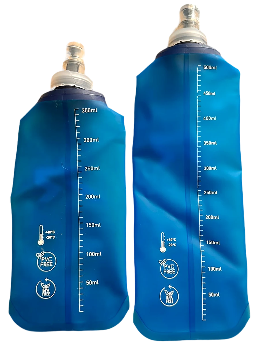 Ánforas de TPU Rivalis azules de 350 ml y 500 ml con escala graduada, sellos libre de PVC y BPA e indicador de temperatura
